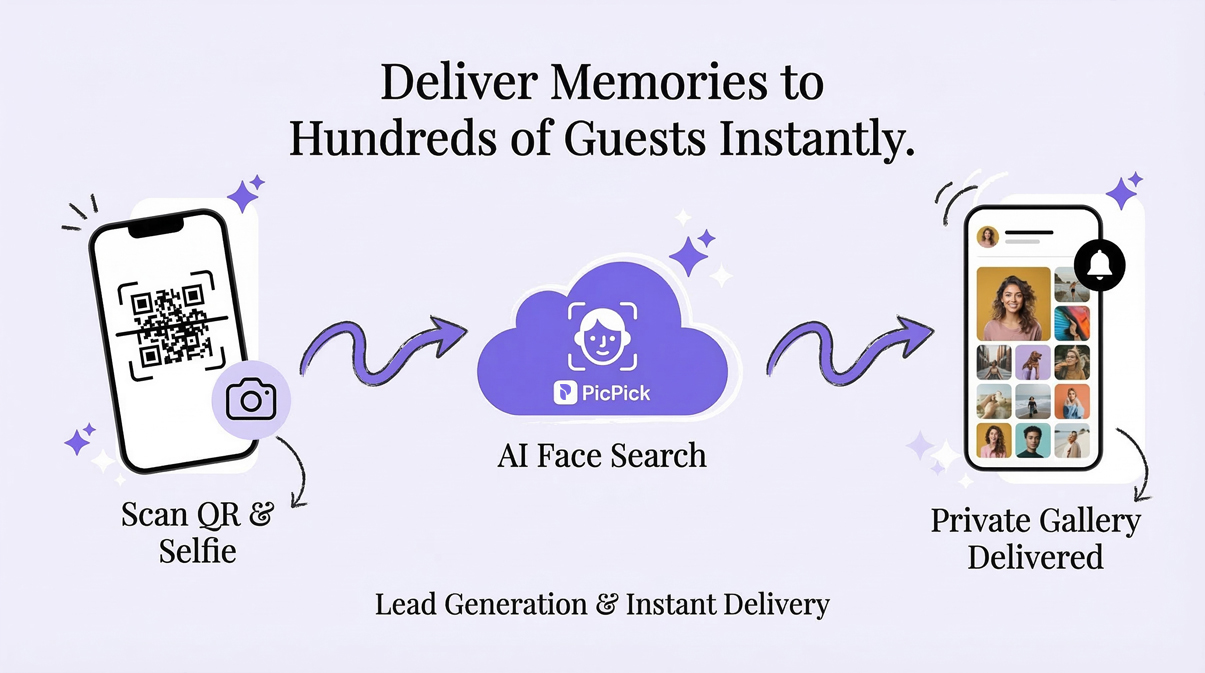 Event Photography Dashboard showing AI Face Search active