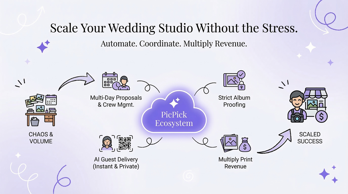 Wedding Studio Dashboard showing AI Collections and CRM